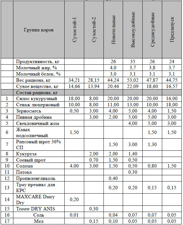 Таблица 4 – Рацион коров по группам в 2021 году 
