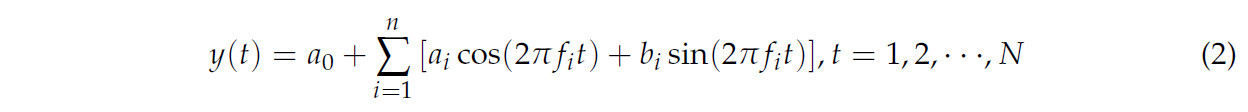  где <span class="MathJax"><span class="math"><span class="mrow"><span class="semantics"><span class="mrow"><span class="msub"><span class="mi">𝑎</span><span class="mn">0 </span></span></span></span></span></span></span>– среднее значение VI временного ряда; <span class="MathJax"><span class="math"><span class="mrow"><span class="semantics"><span class="mrow"><span class="msub"><span class="mi">𝑎</span><span class="mi">𝑖 </span></span></span></span></span></span></span>и <span class="MathJax"><span class="math"><span class="mrow"><span class="semantics"><span class="mrow"><span class="msub"><span class="mi">𝑏</span><span class="mi">𝑖 </span></span></span></span></span></span></span>обозначают параметры синуса и косинуса соответственно; <span class="MathJax"><span class="math"><span class="mrow"><span class="semantics"><span class="mi">𝑡 </span></span></span></span></span>обозначает количество точек отбора проб; <span class="MathJax"><span class="math"><span class="mrow"><span class="semantics"><span class="mi">𝑁 </span></span></span></span></span>обозначает длину временного ряда; и <span class="MathJax"><span class="math"><span class="mrow"><span class="semantics"><span class="mi">𝑛 </span></span></span></span></span>обозначает число гармоник, <span class="MathJax"><span class="math"><span class="mrow"><span class="semantics"><span class="mrow"><span class="mn">2 </span><span class="mi">𝑛 </span><span class="mo">+ </span><span class="mn">1 </span><span class="mo">≤ </span><span class="mi">𝑁</span></span></span></span></span></span>. 