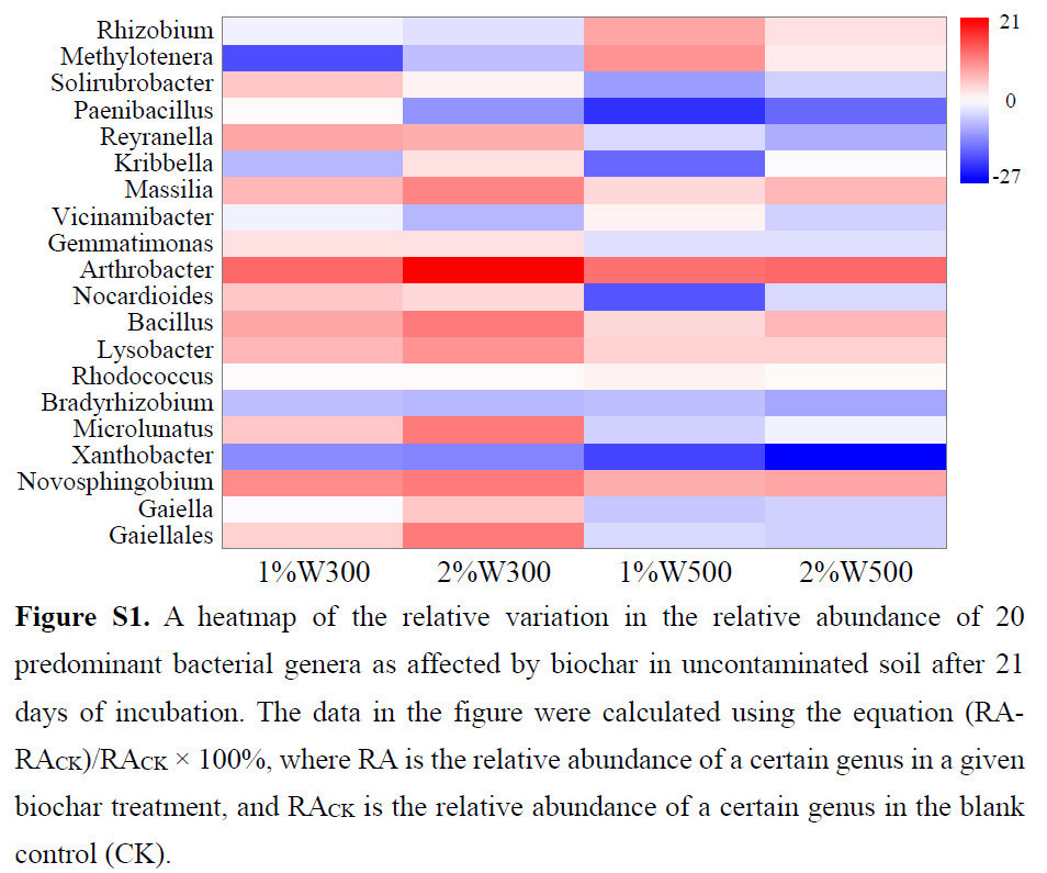 Тепловая карта относительной вариации относительной численности 20 преобладающих бактериальных родов под влиянием биоугля в незагрязненной почве после 21 дня инкубации