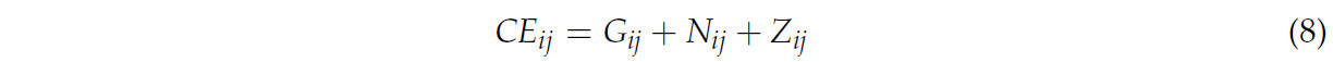   где <span class="MathJax"><span class="math"><span class="mrow"><span class="semantics"><span class="mrow"><span class="msub"><span class="mrow"><span class="mi">𝐶𝐸</span></span><span class="mrow"><span class="mi">𝑖𝑗 </span></span></span></span></span></span></span></span>выбросы углерода в год <span class="MathJax"><span class="math"><span class="mrow"><span class="semantics"><span class="mrow"><span class="mi">𝑗 </span></span></span></span></span></span>региона <span class="MathJax"><span class="math"><span class="mrow"><span class="semantics"><span class="mrow"><span class="mi">𝑖</span></span></span></span></span></span>; <span class="MathJax"><span class="math"><span class="mrow"><span class="semantics"><span class="mrow"><span class="msub"><span class="mrow"><span class="mi">𝐺</span></span><span class="mrow"><span class="mi">𝑖𝑗 </span></span></span></span></span></span></span></span>выбросы углерода от сельскохозяйственных ресурсов в год <span class="MathJax"><span class="math"><span class="mrow"><span class="semantics"><span class="mrow"><span class="mi">𝑗 </span></span></span></span></span></span>региона <span class="MathJax"><span class="math"><span class="mrow"><span class="semantics"><span class="mrow"><span class="mi">𝑖</span></span></span></span></span></span>; <span class="MathJax"><span class="math"><span class="mrow"><span class="semantics"><span class="mrow"><span class="msub"><span class="mrow"><span class="mi">𝑁</span></span><span class="mrow"><span class="mi">𝑖𝑗 </span></span></span></span></span></span></span></span>выбросы углерода сельскохозяйственными угодьями в год <span class="MathJax"><span class="math"><span class="mrow"><span class="semantics"><span class="mrow"><span class="mi">𝑗 </span></span></span></span></span></span>региона <span class="MathJax"><span class="math"><span class="mrow"><span class="semantics"><span class="mrow"><span class="mi">𝑖</span></span></span></span></span></span>; <span class="MathJax"><span class="math"><span class="mrow"><span class="semantics"><span class="mrow"><span class="msub"><span class="mrow"><span class="mi">𝑍</span></span><span class="mrow"><span class="mi">𝑖𝑗 </span></span></span></span></span></span></span></span>выбросы углерода от выращивания сельскохозяйственных культур в год <span class="MathJax"><span class="math"><span class="mrow"><span class="semantics"><span class="mrow"><span class="mi">𝑗 </span></span></span></span></span></span>региона <span class="MathJax"><span class="math"><span class="mrow"><span class="semantics"><span class="mrow"><span class="mi">𝑖</span></span></span></span></span></span>.  