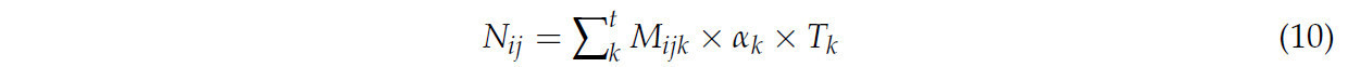 где 𝑁𝑖𝑗 выбросы углерода сельскохозяйственными угодьями в год 𝑗 региона 𝑖; 𝑡 источники углерода из почвы; 𝑀𝑖𝑗𝑘 это площадь посева сельскохозяйственных культур 𝑘 в году 𝑗 региона 𝑖; 𝛼𝑘 коэффициент выбросов углерода из источника углерода 𝑘; 𝑇𝑘 это коэффициент преобразования источника углерода 𝑘.