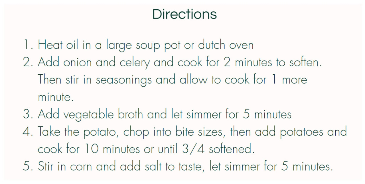 Рисунок 2. Инструкции по приготовлению кукурузного супа-пюре с картофелем из набора для приготовления пищи.